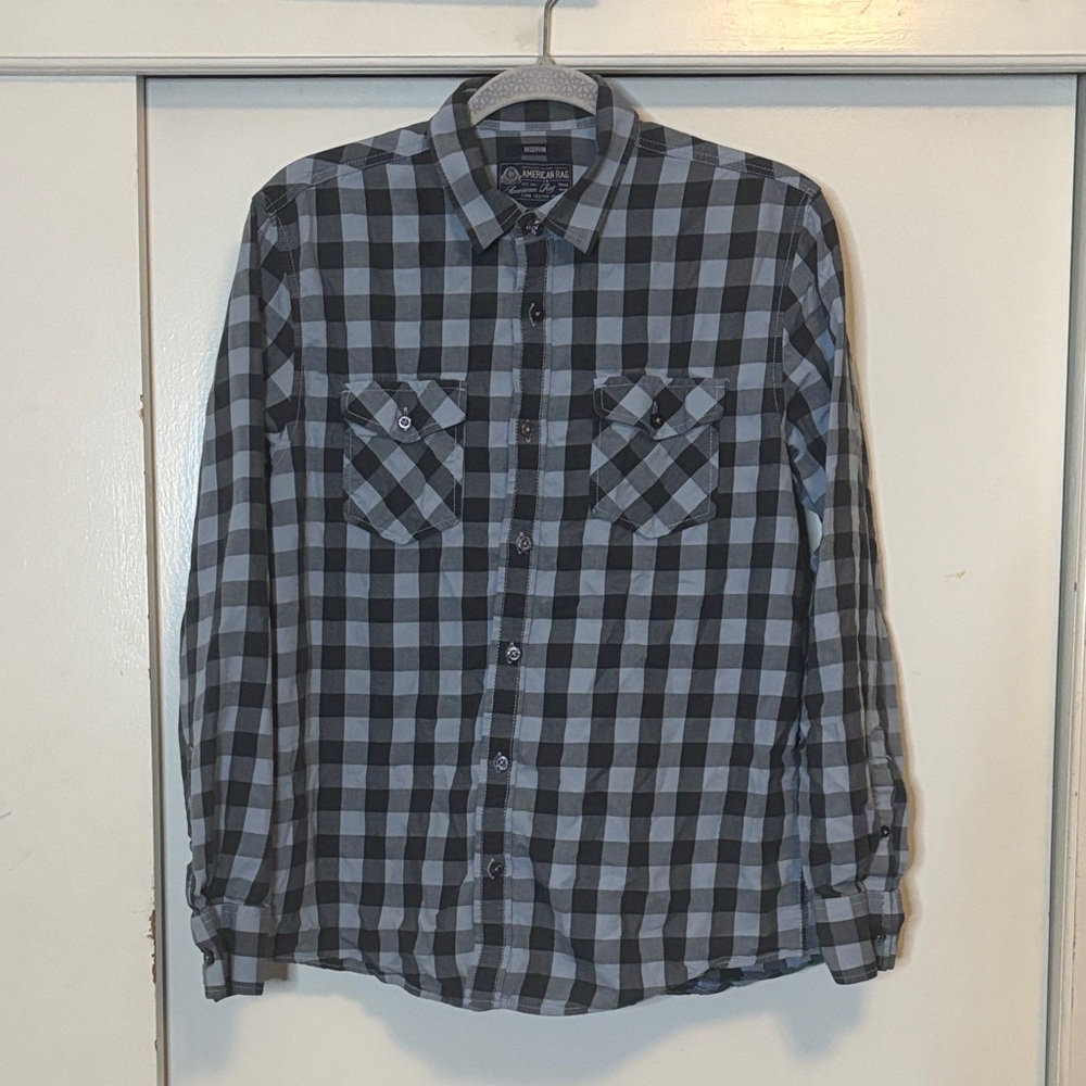 American Rag Men's Black and Gray Plaid Button-Down Shirt
